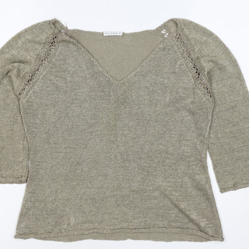 Planet Women Grey L V-Neck Open Knit 3/4 Sleeve Pullover Jumper