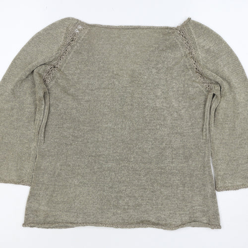 Planet Women Grey L V-Neck Open Knit 3/4 Sleeve Pullover Jumper