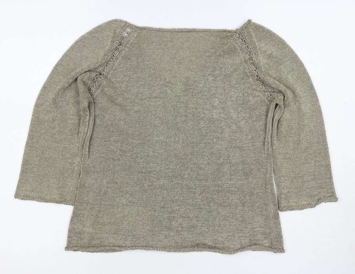 Planet Women Grey L V-Neck Open Knit 3/4 Sleeve Pullover Jumper