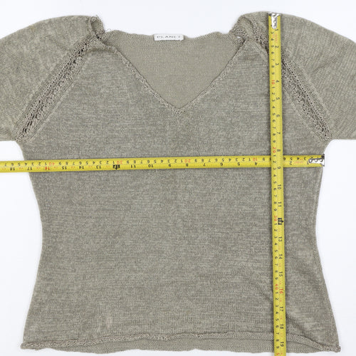 Planet Women Grey L V-Neck Open Knit 3/4 Sleeve Pullover Jumper
