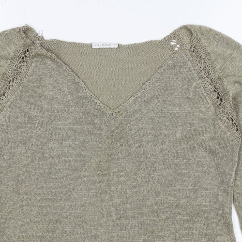 Planet Women Grey L V-Neck Open Knit 3/4 Sleeve Pullover Jumper