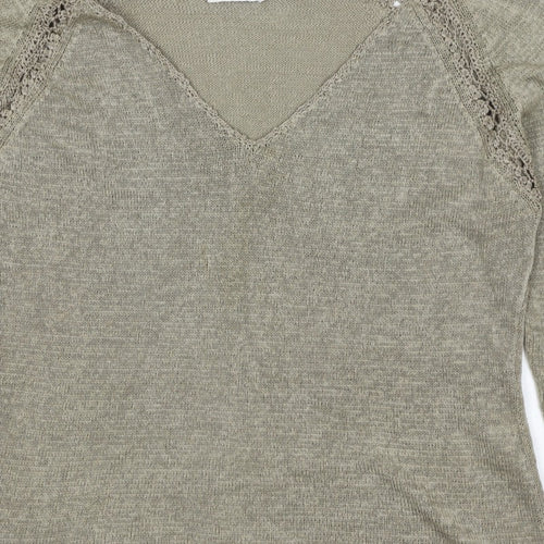 Planet Women Grey L V-Neck Open Knit 3/4 Sleeve Pullover Jumper