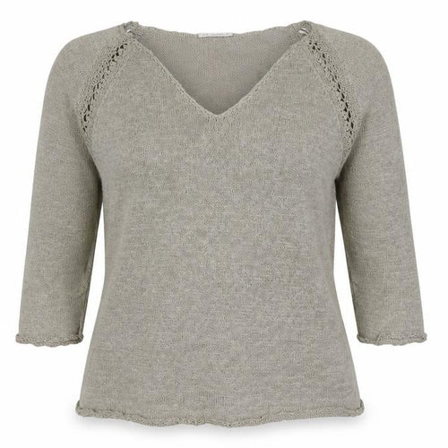 Planet Women Grey L V-Neck Open Knit 3/4 Sleeve Pullover Jumper