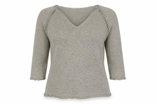 Planet Women Grey L V-Neck Open Knit 3/4 Sleeve Pullover Jumper