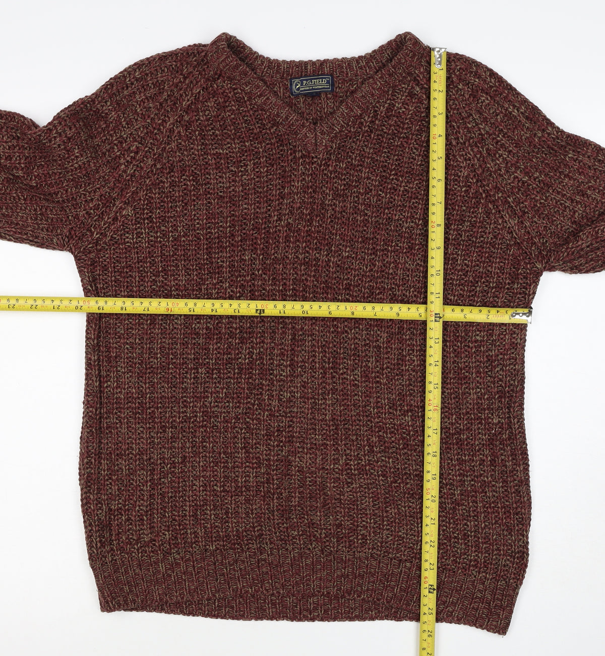 Brand and care label for P.G. Field Men’s Brown Marl Chunky Knit Crew Neck jumper S