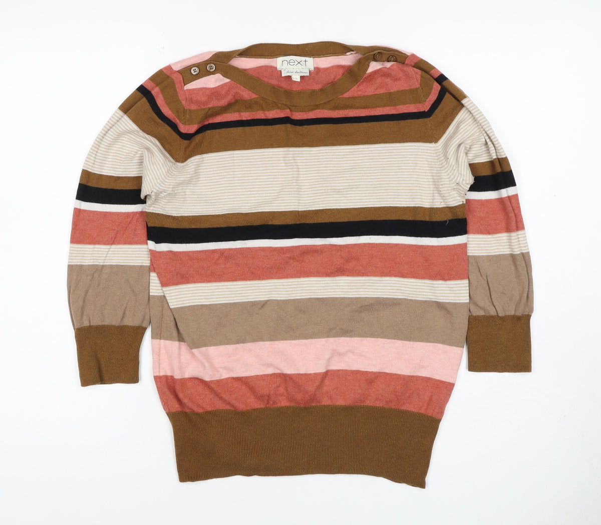 Next Women's Multicoloured Striped Pullover Jumper UK 14 Button Shoulder