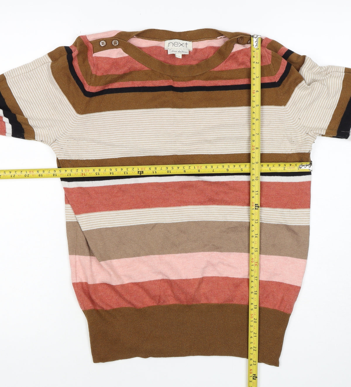 Next Women's Multicoloured Striped Pullover Jumper UK 14 Button Shoulder
