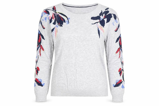 Next Petite Women Grey Floral Sleeve Knit Jumper UK 12 Round Neck