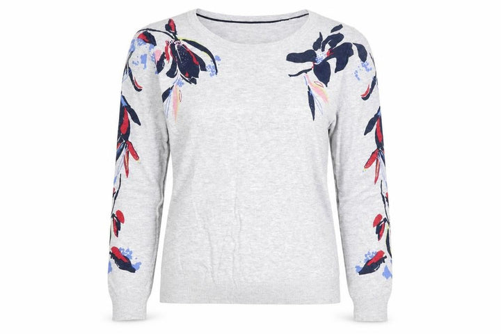 Next Petite Women Grey Floral Sleeve Knit Jumper UK 12 Round Neck