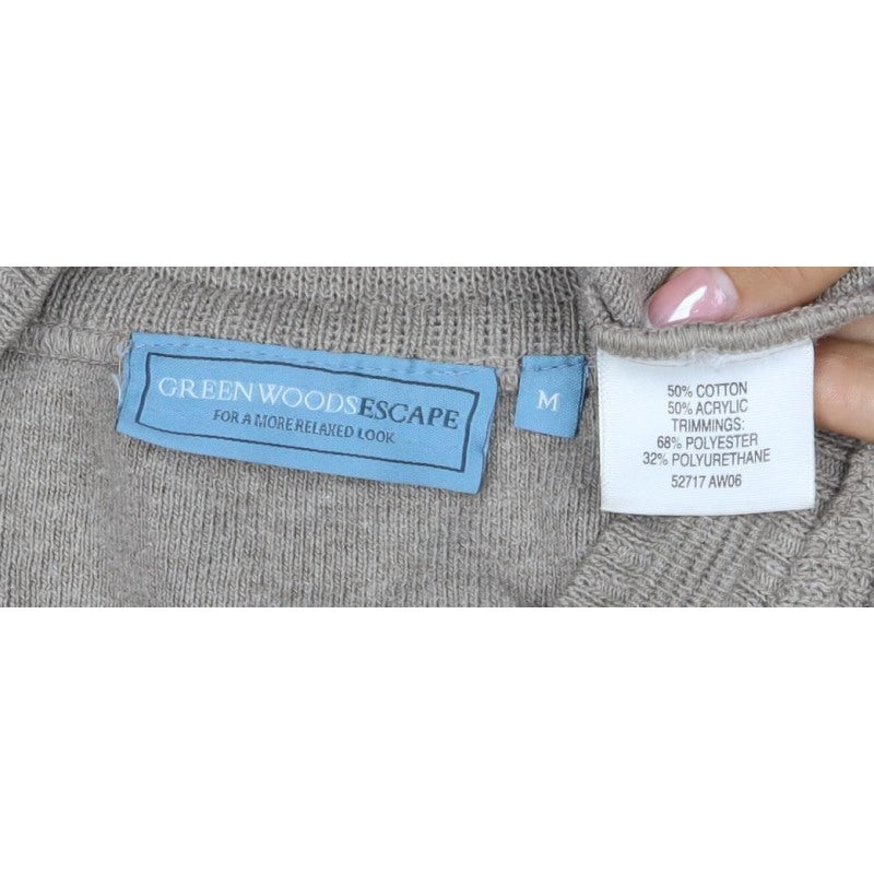 Green Woods Escape Men Beige M Full Zip Cotton Acrylic Knit Jumper