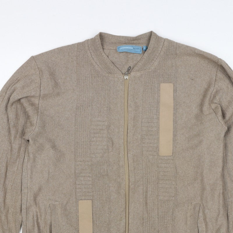 Green Woods Escape Men Beige M Full Zip Cotton Acrylic Knit Jumper