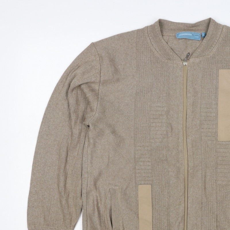Green Woods Escape Men Beige M Full Zip Cotton Acrylic Knit Jumper