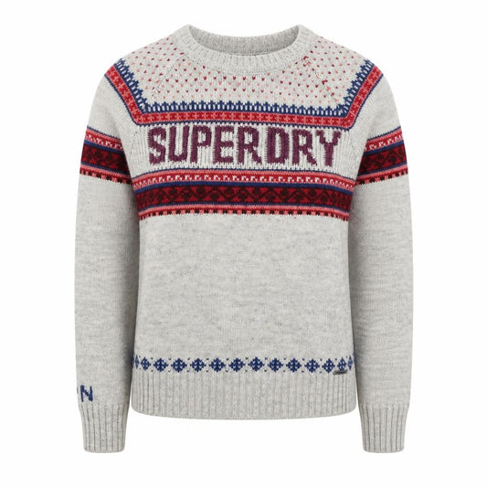 Superdry Men Grey L Nordic Fair Isle Logo Crew Neck Wool Blend Jumper