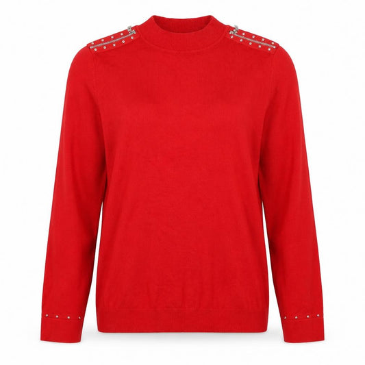 Bassini Women’s Red M Mock Neck Studded Zip Knit Jumper