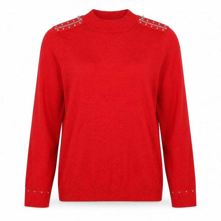 Bassini Women’s Red M Mock Neck Studded Zip Knit Jumper
