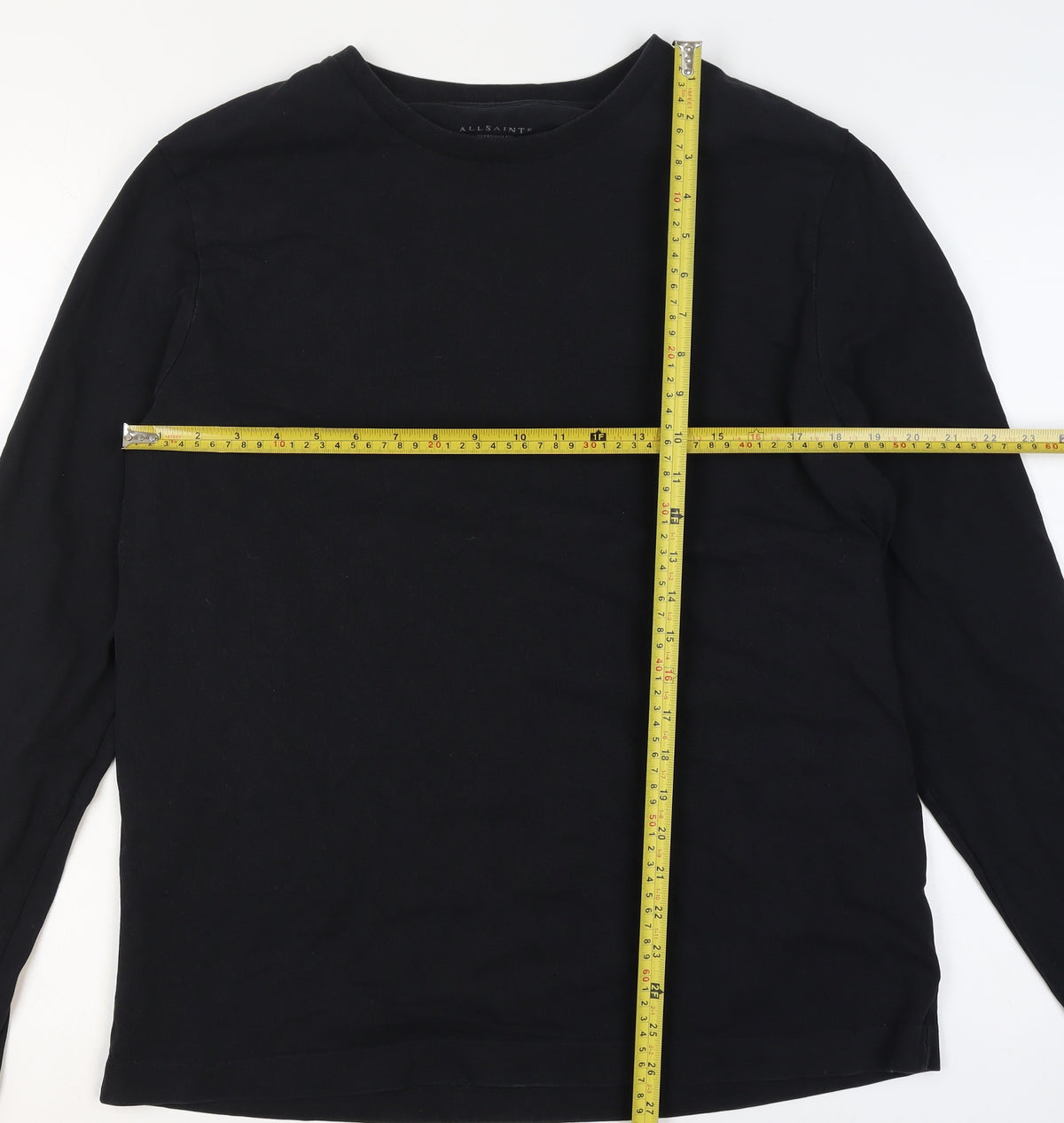 Close-up detail of AllSaints Men’s Black Medium Oversized Long Sleeve Crew Neck T-Shirt