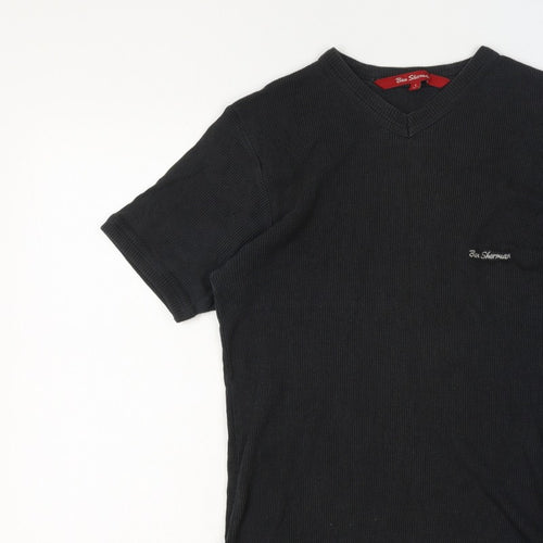 Ben Sherman Women's Black L Ribbed V-Neck Slim Fit Short Sleeve T-Shirt