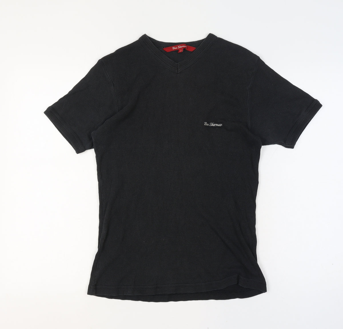 Ben Sherman Women's Black L Ribbed V-Neck Slim Fit Short Sleeve T-Shirt