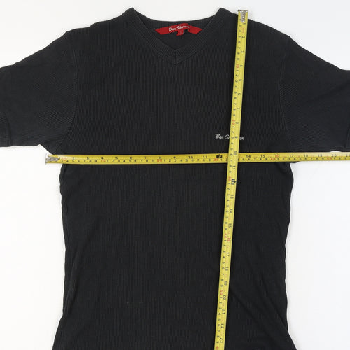 Ben Sherman Women's Black L Ribbed V-Neck Slim Fit Short Sleeve T-Shirt