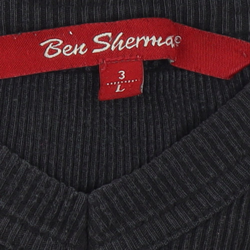 Ben Sherman Women's Black L Ribbed V-Neck Slim Fit Short Sleeve T-Shirt