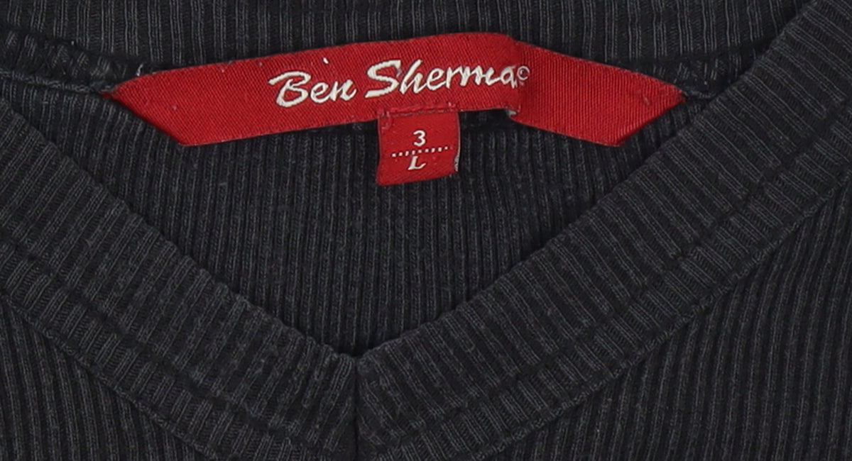 Ben Sherman Women's Black L Ribbed V-Neck Slim Fit Short Sleeve T-Shirt