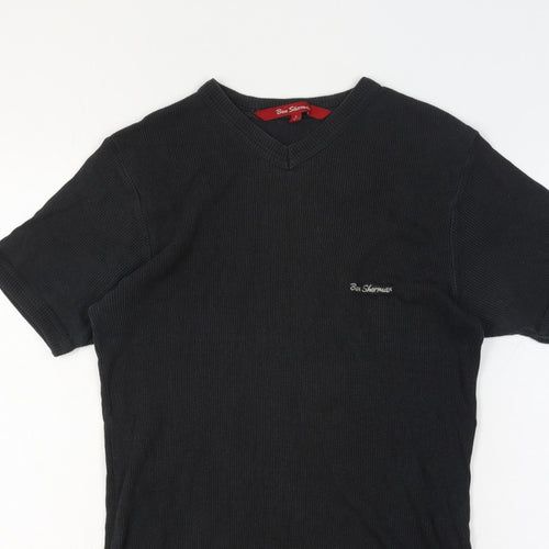 Ben Sherman Women's Black L Ribbed V-Neck Slim Fit Short Sleeve T-Shirt