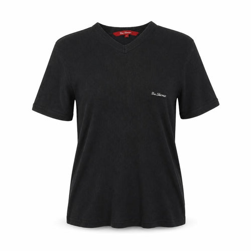 Ben Sherman Women's Black L Ribbed V-Neck Slim Fit Short Sleeve T-Shirt