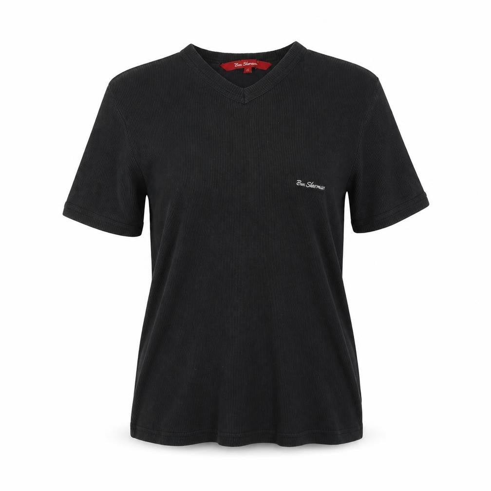 Ben Sherman Women's Black L Ribbed V-Neck Slim Fit Short Sleeve T-Shirt