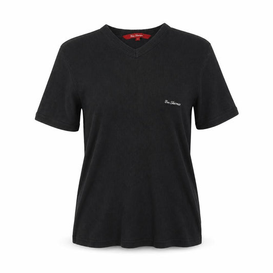 Ben Sherman Women's Black L Ribbed V-Neck Slim Fit Short Sleeve T-Shirt