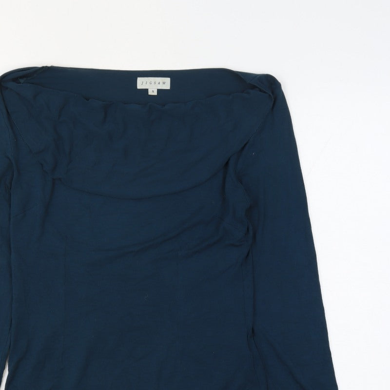 Jigsaw Women Navy Blue UK 10 Ruffle Boat Neck Modal Long Sleeve Blouse
