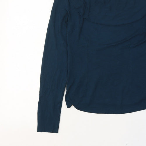Jigsaw Women Navy Blue UK 10 Ruffle Boat Neck Modal Long Sleeve Blouse