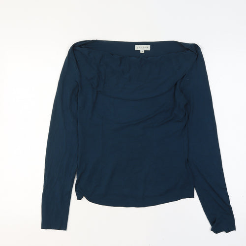 Jigsaw Women Navy Blue UK 10 Ruffle Boat Neck Modal Long Sleeve Blouse
