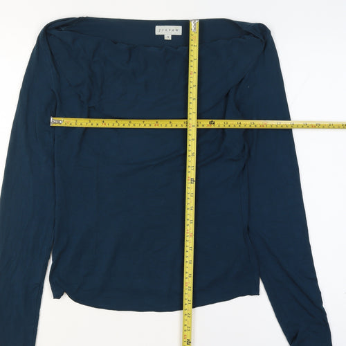 Jigsaw Women Navy Blue UK 10 Ruffle Boat Neck Modal Long Sleeve Blouse