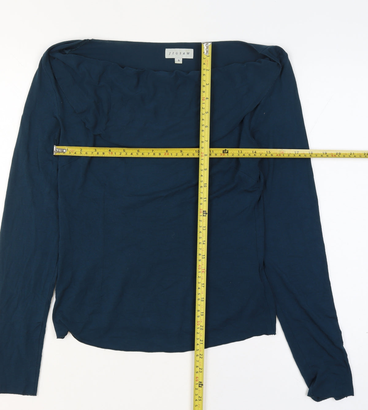 Jigsaw Women Navy Blue UK 10 Ruffle Boat Neck Modal Long Sleeve Blouse