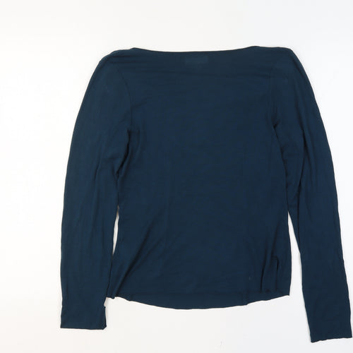 Jigsaw Women Navy Blue UK 10 Ruffle Boat Neck Modal Long Sleeve Blouse