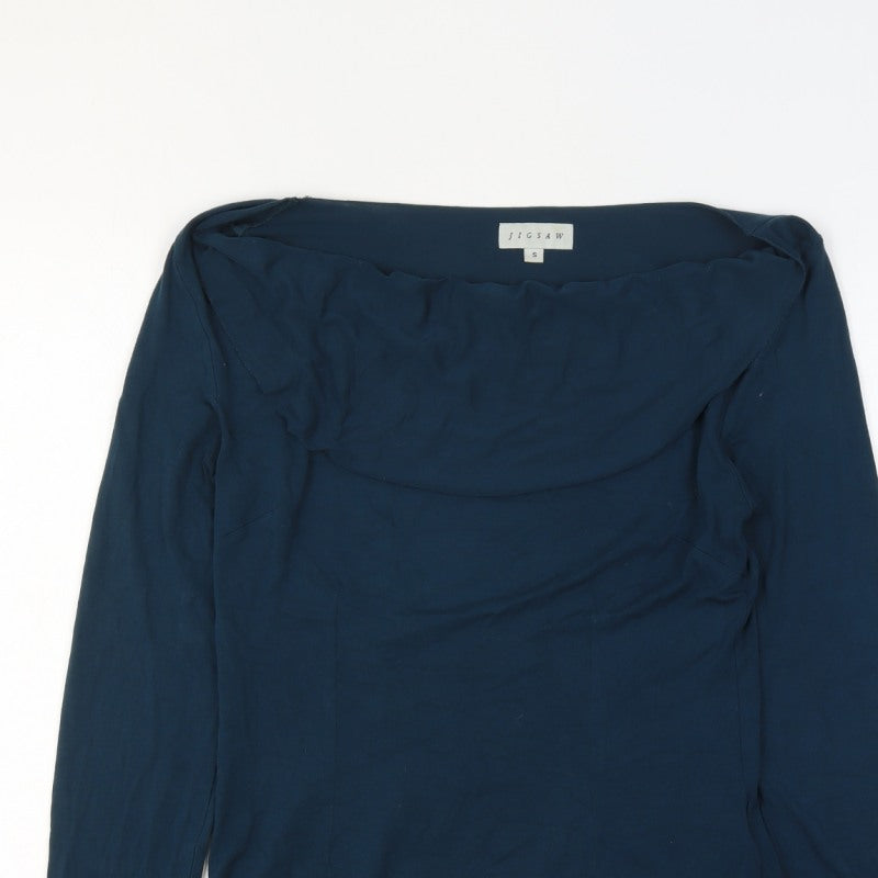 Jigsaw Women Navy Blue UK 10 Ruffle Boat Neck Modal Long Sleeve Blouse