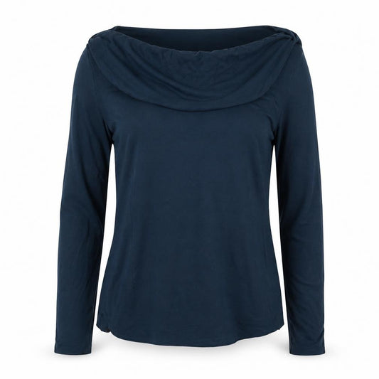 Jigsaw Women Navy Blue UK 10 Ruffle Boat Neck Modal Long Sleeve Blouse