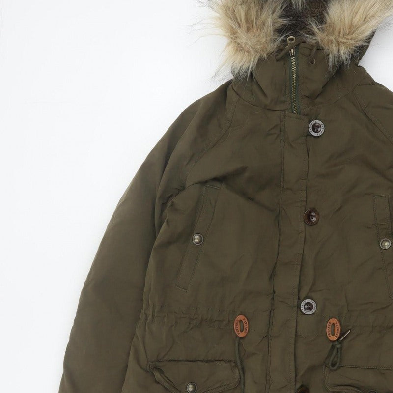 Fat Face Women Green Size 12 Heritage Fur Trim Hooded Parka Coat