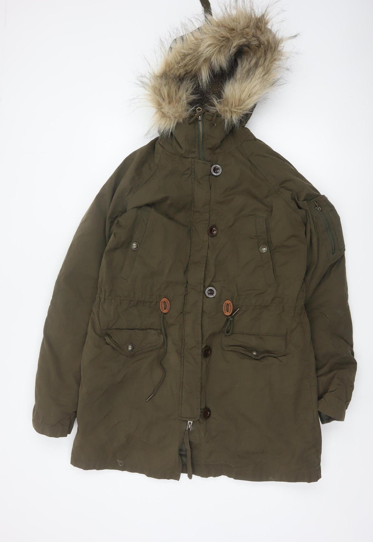 Fat Face Women Green Size 12 Heritage Fur Trim Hooded Parka Coat
