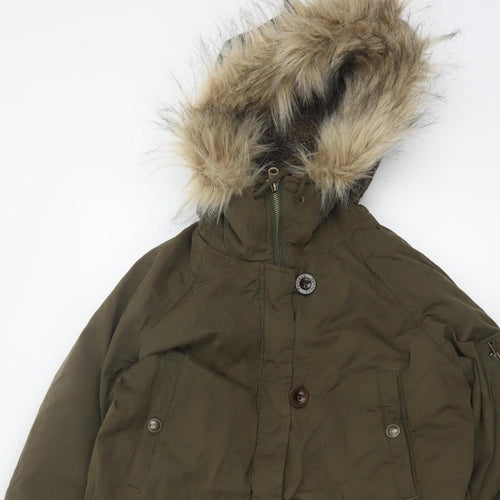 Fat Face Women Green Size 12 Heritage Fur Trim Hooded Parka Coat