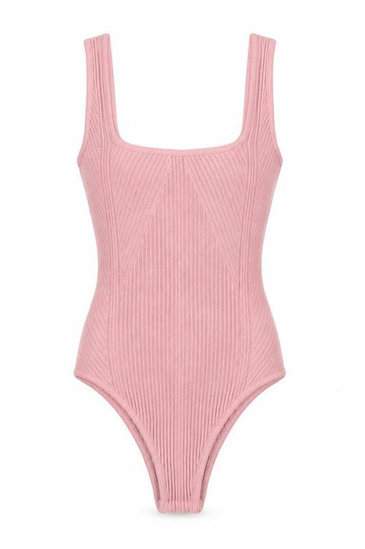 Zara Women Pink S Ribbed Knit Sleeveless Square Neck Bodysuit
