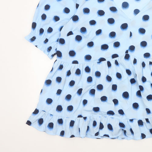 New Look Curves Women Blue Polka Dot Wrap Ruffle Blouse UK 20 Plus