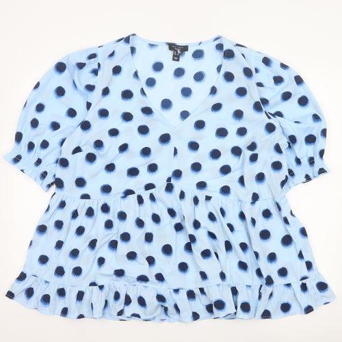 New Look Curves Women Blue Polka Dot Wrap Ruffle Blouse UK 20 Plus
