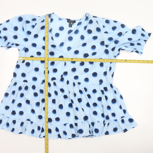 New Look Curves Women Blue Polka Dot Wrap Ruffle Blouse UK 20 Plus