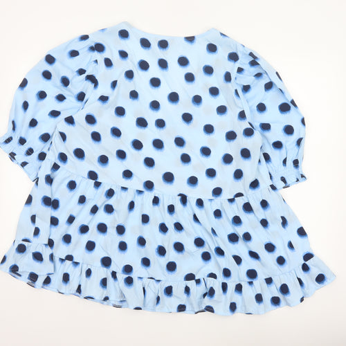 New Look Curves Women Blue Polka Dot Wrap Ruffle Blouse UK 20 Plus