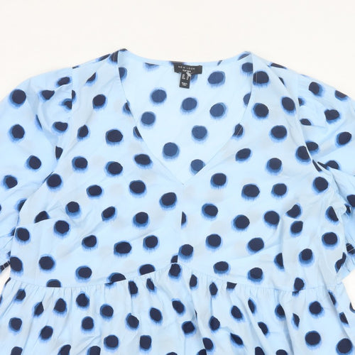 New Look Curves Women Blue Polka Dot Wrap Ruffle Blouse UK 20 Plus