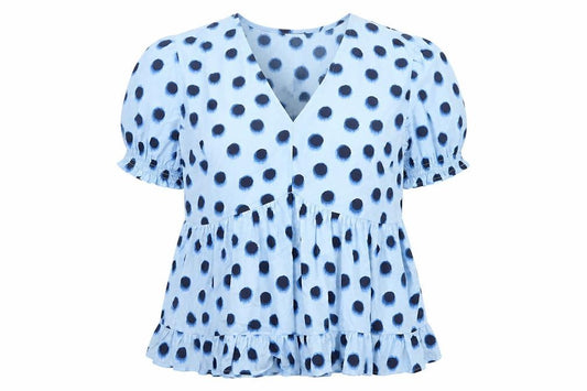 Front view of New Look Curves Women Blue Polka Dot Wrap Ruffle Blouse UK 20 Plus