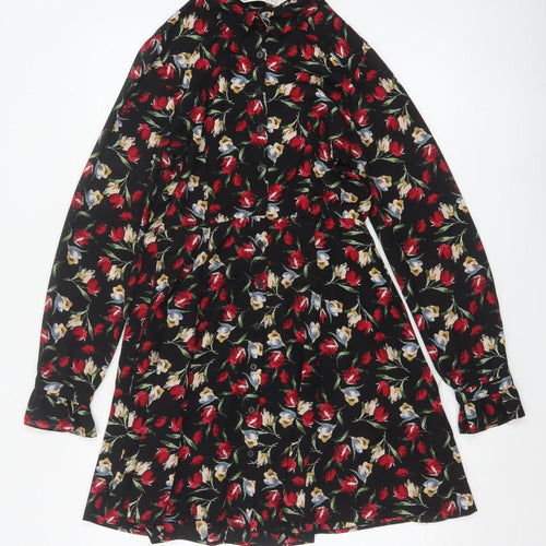 Zara Basic Women Black Floral Shirt Dress Size S Fit & Flare