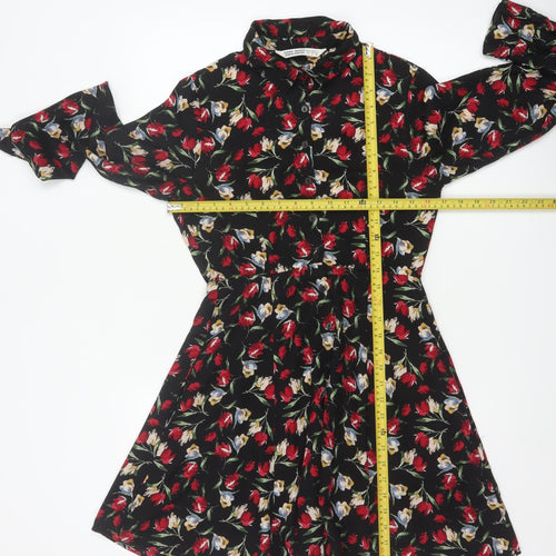 Zara Basic Women Black Floral Shirt Dress Size S Fit & Flare
