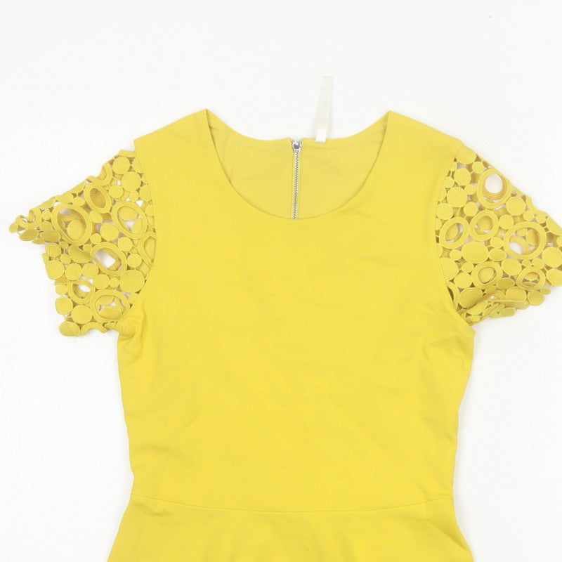 Karen Millen Women Yellow UK 8 Peplum Crochet Sleeve Blouse